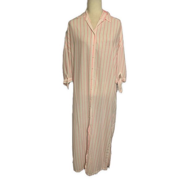little peixoto Revolve Pink White Striped Long Sleeve Maxi Shirt Dress One Size - Picture 1 of 5